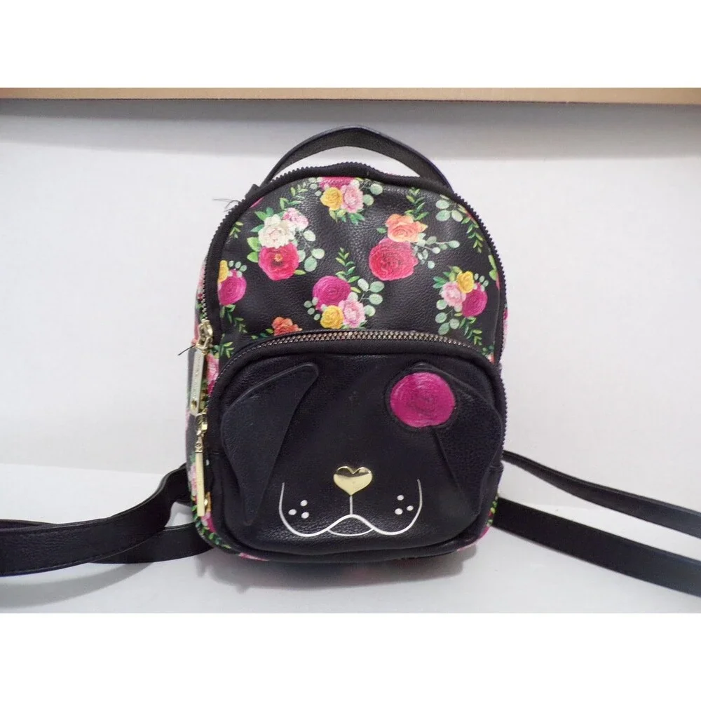 Betsey Johnson Girls Dog Face Mini Backpack Purse Black w/Roses Gold Heart Acct
